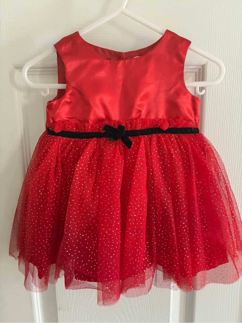 Nannette baby Red Satin & Sparkle Tulle Dress with Black Velvet Bow- size 3-6 mo